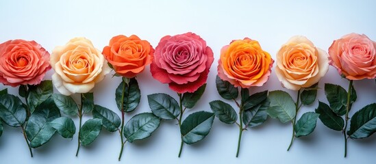 Poster - Vibrant roses in a linear arrangement with leaves on a white background showcasing natural beauty in a flat lay top view composition
