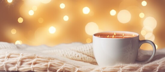 Poster - Cozy Christmas scene with a warm cup on soft knitted fabric against a soft bokeh backdrop creating a festive atmosphere