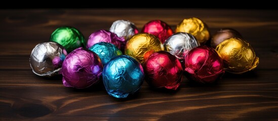 Aufkleber - Colorful chocolate balls wrapped in shiny foil arranged artistically on a dark wooden surface ideal for festive and dessert themes