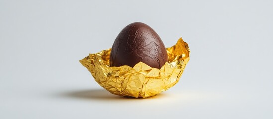 Aufkleber - Chocolate egg wrapped in vibrant gold foil resting elegantly on a clean white backdrop highlighting its rich texture and color.