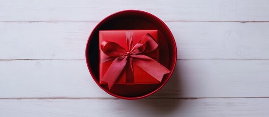 Aufkleber - Christmas gift box in red container on white wooden surface with festive bokeh lights creating a warm holiday atmosphere