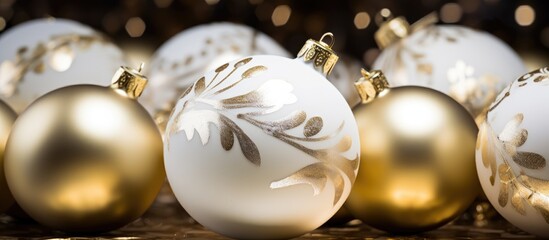 Poster - Elegant gold and white Christmas baubles with intricate designs on a sparkling background for festive holiday decor themes.