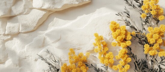 Poster - Mimosa Flowers Arrangement on Textured Stone Background for Creative Mockup Display