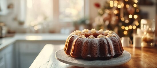 Poster - Eggnog flavored bundt cake cooling on a kitchen counter with festive holiday decor in the background and warm sunlight streaming in
