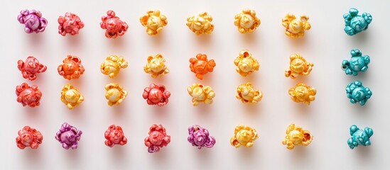 Aufkleber - Colorful assortment of popcorn arranged neatly on a white background showcasing vibrant hues and fun snack presentation