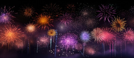 Poster - Colorful fireworks display in purple and gold illuminating the night sky in a stunning horizontal landscape composition.