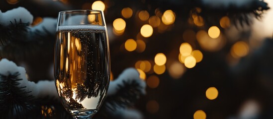 Poster - Champagne glass against a festive tree background with blurred lights creating a warm and celebratory atmosphere for special occasions