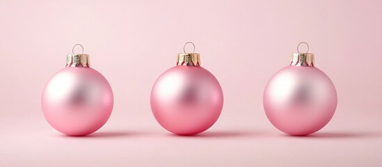 Poster - Pastel pink Christmas bauble arrangement on soft backdrop minimalistic design with decorative space for text festive holiday concept