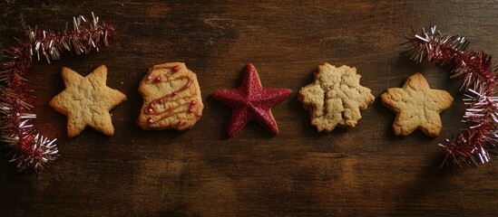 Poster - Festive Christmas cookies and tinsel beautifully arranged on a rustic wooden surface for a cozy holiday ambiance