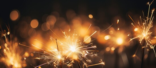Poster - Macro shot showcasing glowing sparklers emitting bright sparks against a dark background creating a festive and celebratory atmosphere.