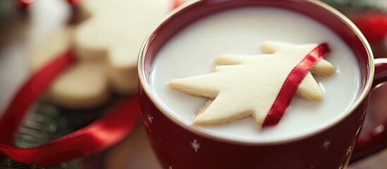 Poster - Holiday cookies shaped like a tree with milk in a festive cup decorated with red ribbon for a special Christmas treat for Santa