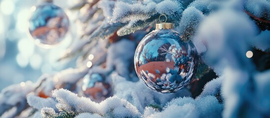 Aufkleber - Decorative glass balls on a snow-covered Christmas tree creating a festive winter ambiance