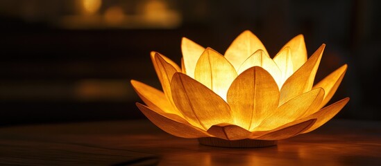 Poster - Glowing lotus lamp on wooden table creating a warm and serene ambiance in a dimly lit room