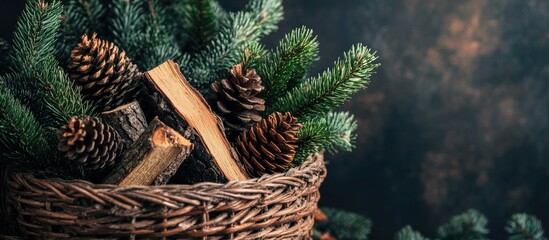 Poster - Wicker basket with pine branches cones and firewood creating a cozy Christmas ambiance against a dark backdrop