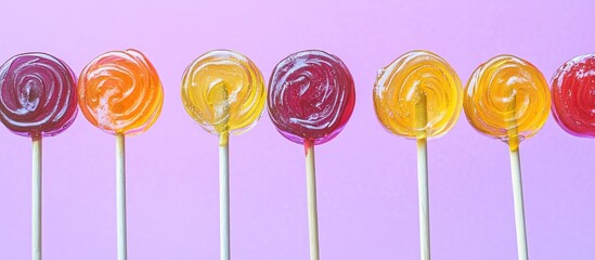 Aufkleber - Colorful candy lollipops arranged in a row on a vibrant purple background for fun and playful themed designs
