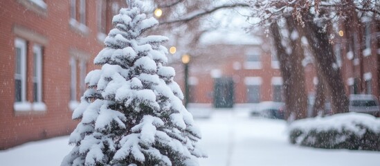 Poster - Snow-covered Christmas tree in residential courtyard on a snowy winter day creating a festive and serene seasonal atmosphere.