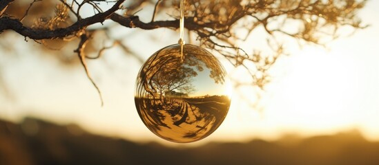 Fototapete - Golden ornament hanging from a tree branch reflecting sunlight and nature in the background during a serene sunset atmosphere.