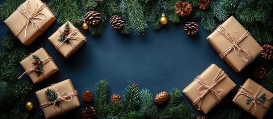 Aufkleber - Christmas greeting card design with wrapped gift boxes surrounded by fir tree branches and festive decorations, space for personalized messages