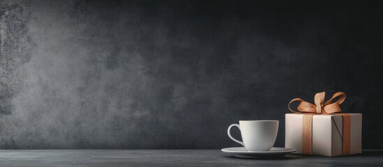 Aufkleber - Chalkboard background with a coffee cup and a gift box on a table creating a cozy, inviting atmosphere for seasonal presentations.