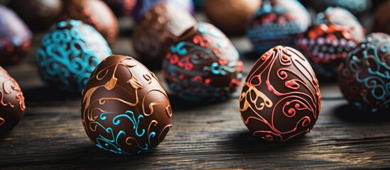 Aufkleber - Chocolate Easter Eggs Decorated with Colorful Patterns on Rustic Wooden Background