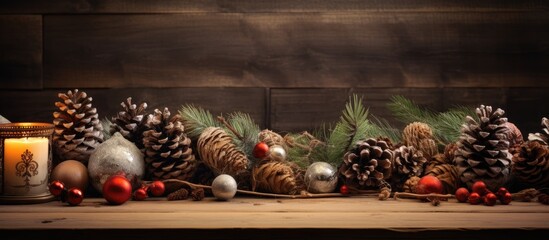 Poster - Rustic Christmas decoration with pine cones, branches, ornaments, and a candle arranged on a wooden table for holiday celebrations.