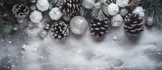Poster - Christmas decoration concepts with silver pine cones and festive ornaments atop a snowy surface creating a festive holiday atmosphere