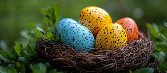 Aufkleber - Vibrantly colored Easter eggs nestled in a natural basket surrounded by greenery celebrating the joy of spring festivities