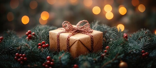 Poster - Christmas gift beautifully placed on a decorative fir wreath surrounded by ornaments creating a warm festive atmosphere for loved ones