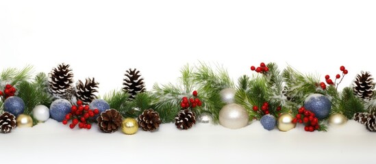 Poster - Christmas festive border design with baubles pine cones holly ivy mistletoe and blue spruce accents on a clean white background