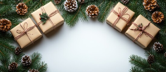 Poster - Festive Christmas gift boxes surrounded by evergreen branches and pine cones on a white background for holiday decor themes