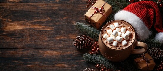 Poster - Cozy Christmas arrangement with hot chocolate marshmallows pine cones gifts and Santa cap on rustic wooden background for festive vibes
