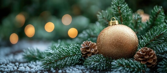 Poster - Elegant Christmas scene with festive golden ornament nestled in evergreen branches and cones against a blurred bokeh background