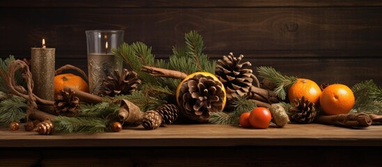 Poster - Festive holiday arrangement with fir tree, dried oranges, pine cones, and candles on rustic wooden table for Christmas or New Year celebrations