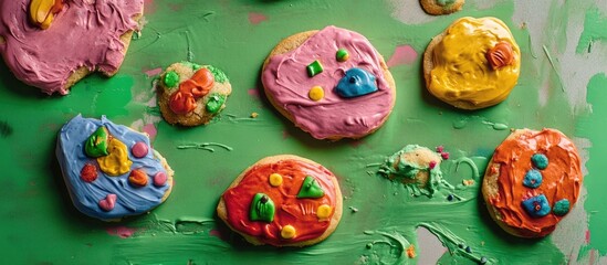 Aufkleber - Colorful cookies decorated by children on a vibrant green background showcasing creativity and fun in baking activities.