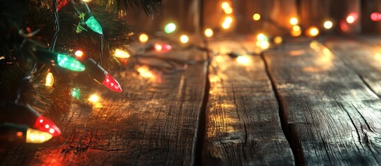 Aufkleber - Festive Christmas lights glowing on rustic wooden surface creating a warm and cozy holiday atmosphere with selective focus effects.