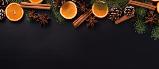 Poster - Festive Christmas backdrop with spruce branches, cinnamon, star anise, dried oranges, and almonds creating a blank space for text.