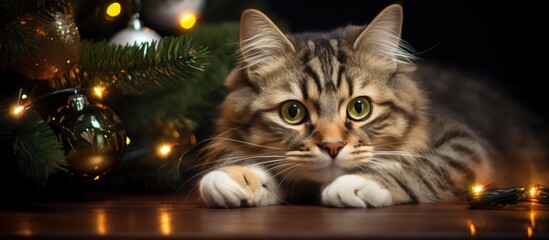 Aufkleber - Christmas cat relaxing by the tree with ornaments and warm lights creating a festive atmosphere during the holiday season.