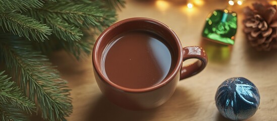 Poster - Warm cup of hot cocoa decorated with festive ornaments and pine leaves on a wooden surface with twinkling lights in the background