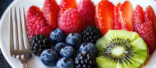 Poster - Closeup of a vibrant fruit tart featuring strawberries blueberries raspberries kiwi and blackberries elegantly arranged on a plate