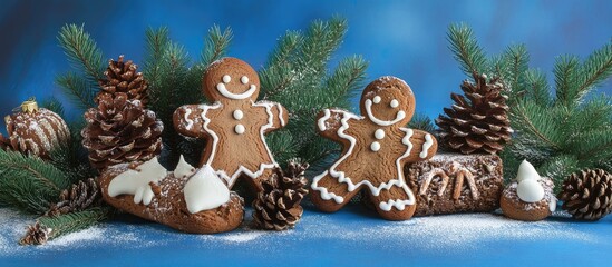 Aufkleber - Christmas gingerbread cookies decorated with icing surrounded by pine cones and fir branches on a blue festive backdrop