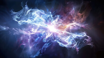 Poster - Visualizing quantum entanglement geometric particle connections and luminescent energy flows in soft electric blue and purple patterns