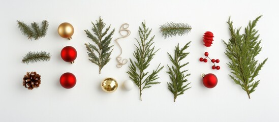 Poster - Christmas flat lay featuring fir tree branches red and golden ornaments pinecone on white backdrop for festive decoration concepts.