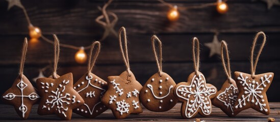 Poster - Gingerbread Cookies Decorated for Holidays with Lights and Wooden Background