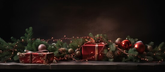Poster - Festive Christmas arrangement with handmade gifts wrapped in red rope fir branches and lights on a dark backdrop perfect for card design