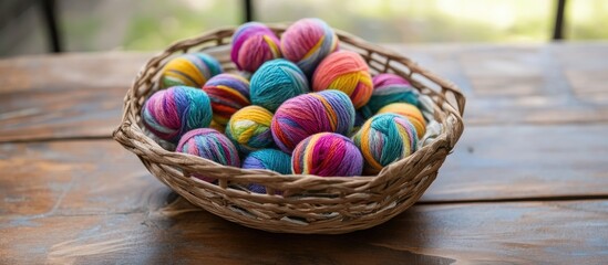 Poster - Colorful wool yarn Easter eggs in a rustic basket on a wooden table creating a festive spring atmosphere for seasonal celebrations
