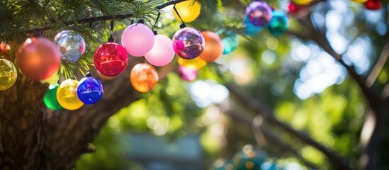 Fototapete - vibrant decorative ornaments hanging on a tree in a garden with soft focus effect on a sunny day