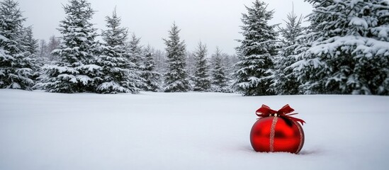 Aufkleber - Christmas scene with red ornament gift box surrounded by snow-covered fir trees creating a festive winter atmosphere