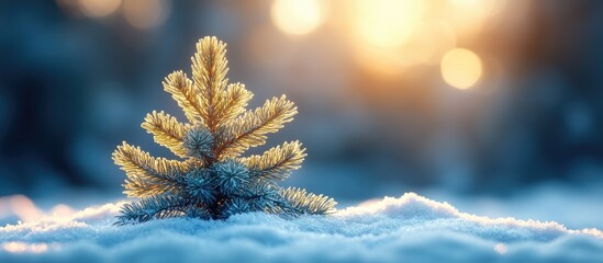 Poster - Small pine tree with green needles surrounded by fresh snow in a serene winter landscape with a blurred blue and warm light background