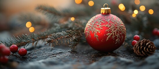 Poster - Red Christmas ornament resting on rustic stone with pine branches and soft bokeh lights creating a warm holiday atmosphere