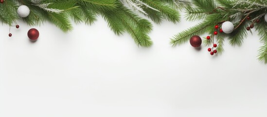 Poster - Minimalist Christmas flat lay with green tree branches and festive decorations on a white textured background ideal for holiday mockups and projects